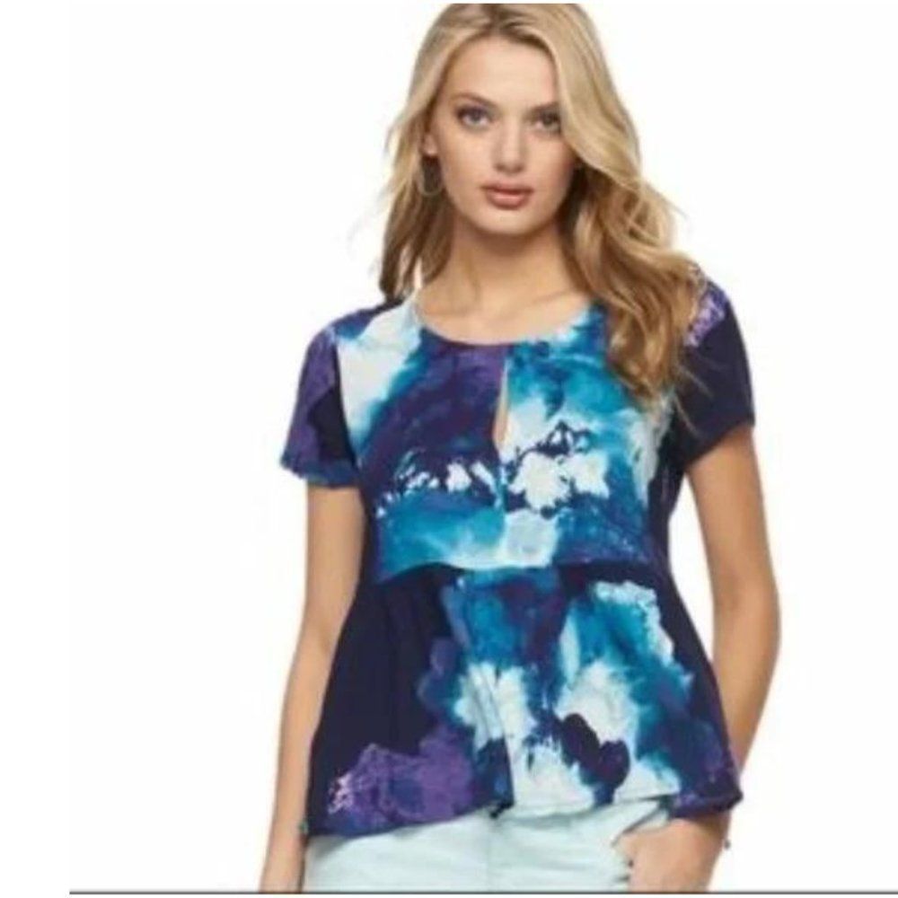 Juicy Couture Blue Purple Watercolor Peplum Ruffle Blouse Top Shirt Medium